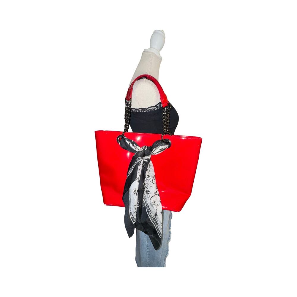 DKNY Red Patent Leather Large Shopper Tote with Scarf‎ Accent